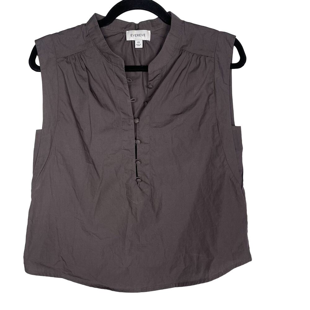 Evereve XSmall Gray Cotton Poplin Top Half Button Front Bishop Collar Sleeveless
